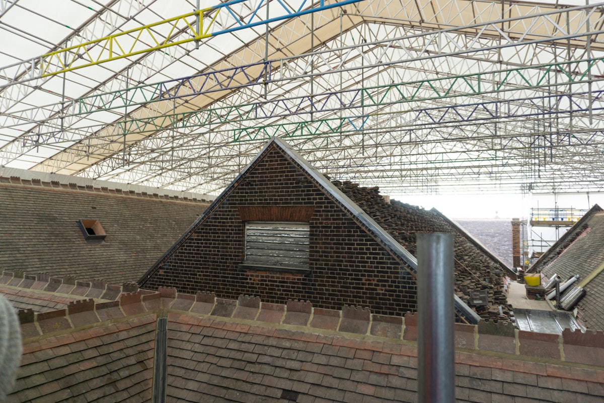 Underneath the large scaffolded canopy erected over the museum